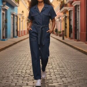 Skies Are Blue Denim Jumpsuit Medium Wash Button Front Tie Waist Utility Blue L